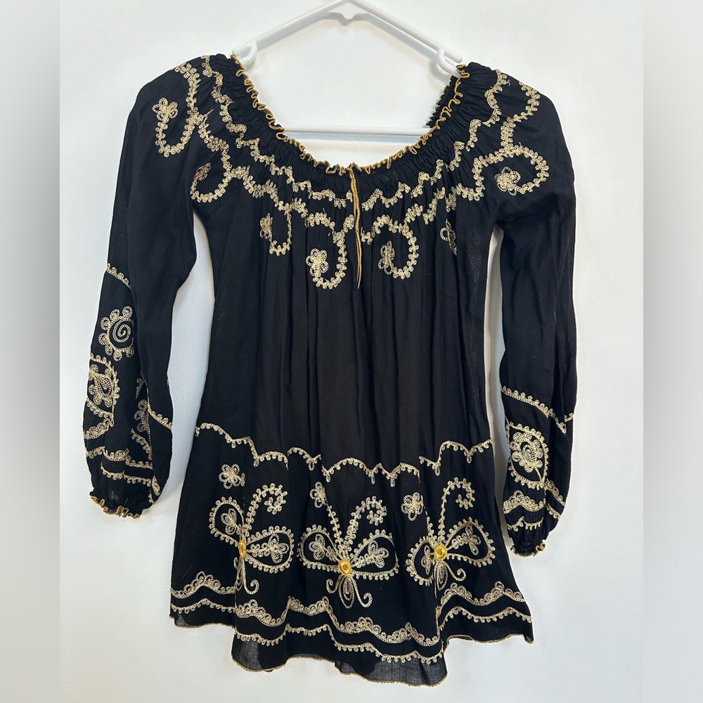 Poupette St Barth Embroidered Blouse Size Medium Black and Gold